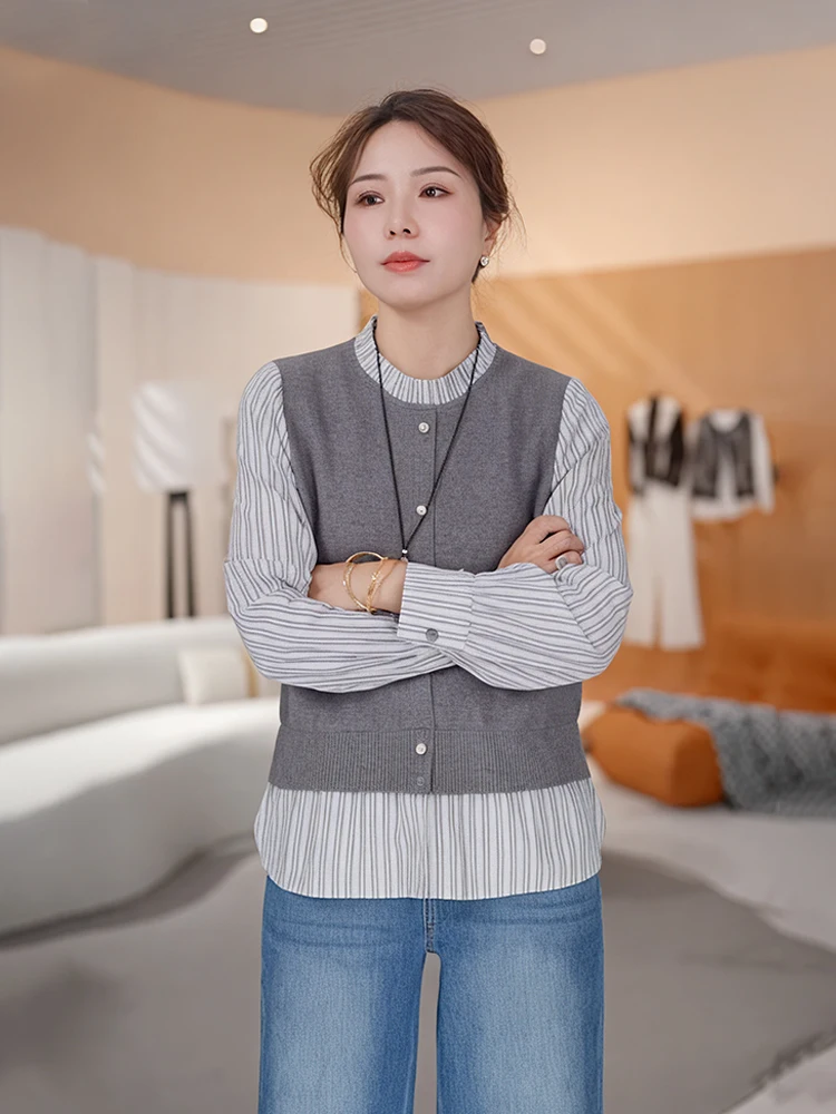 

Женский осенний топ Chenana Ele 2025 с длинным рукавом, воротником-стойкой, в полоску, в стиле пэчворк, имитация двухслойного, дышащий, для повседневной носки