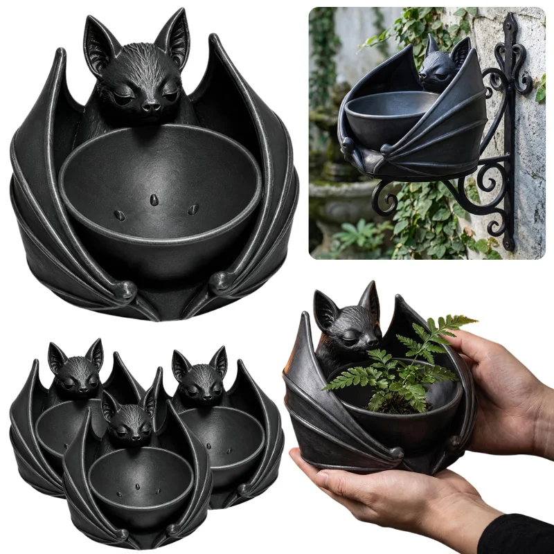 Black Bat Sculpture Resin Storage Bowl Gothic Wall Hanging Planter Pot Halloween Home Garden Decoration Ornament 1/2/3PCS