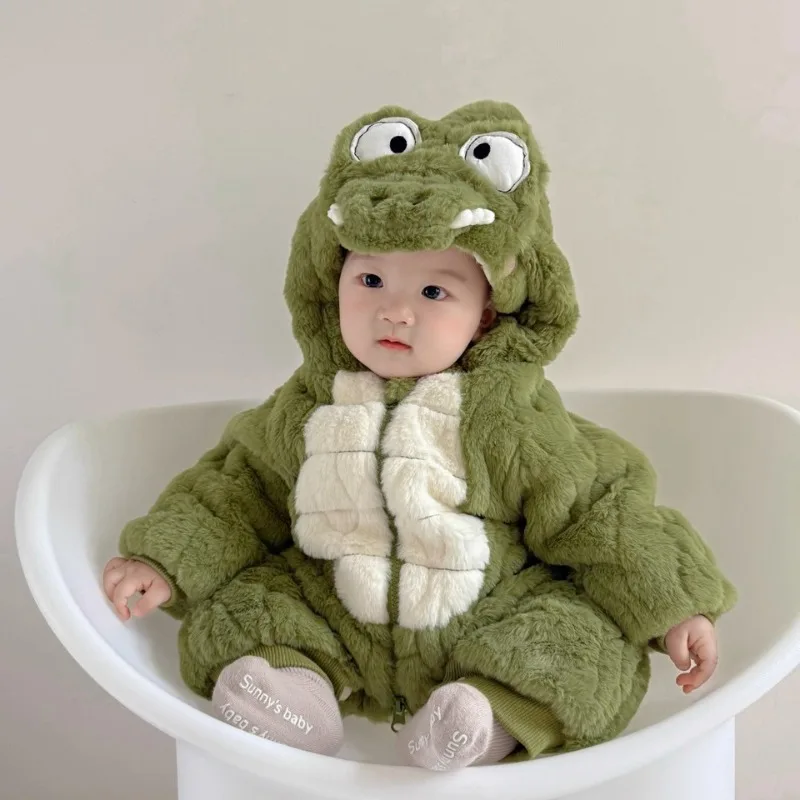 Newborn Baby Autumn and Winter Warm Cute Cartoon Green Dinosaur Long Sleeves Hooded Zipper Jumpsuit for 0-1 Years Boys Girls