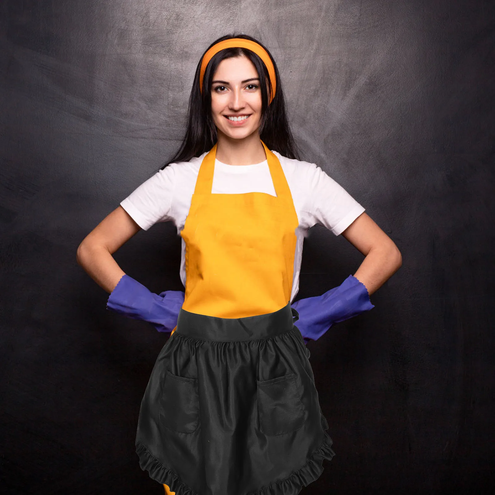 

Black Waist Apron Half Kitchen Cooking Maid Costume With 2 Pockets Girls Women Elegant Ruffled Vintage Style Restaurant Server