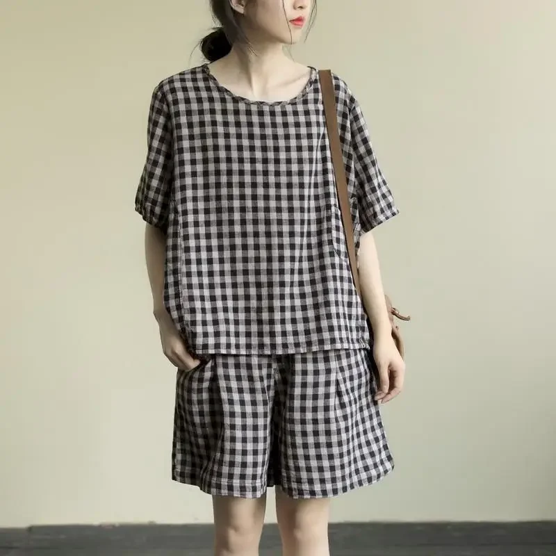 Losse T-shirtsets Literaire zomer Damespakken Geruite t-shirt met korte mouwen Vijfpuntsbroek Ademende shorts Casual 2-delige set