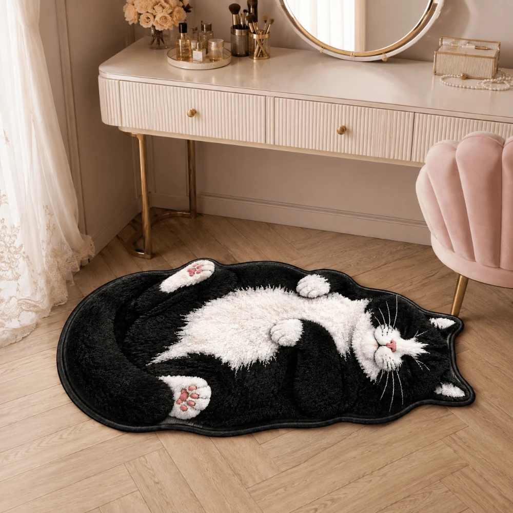 Office Chair Side Shaped Floor Mat Rug Cute Tuxedo Cat Print Fluffy Belly Irregular Welcome Entrance Home Doormat Decor