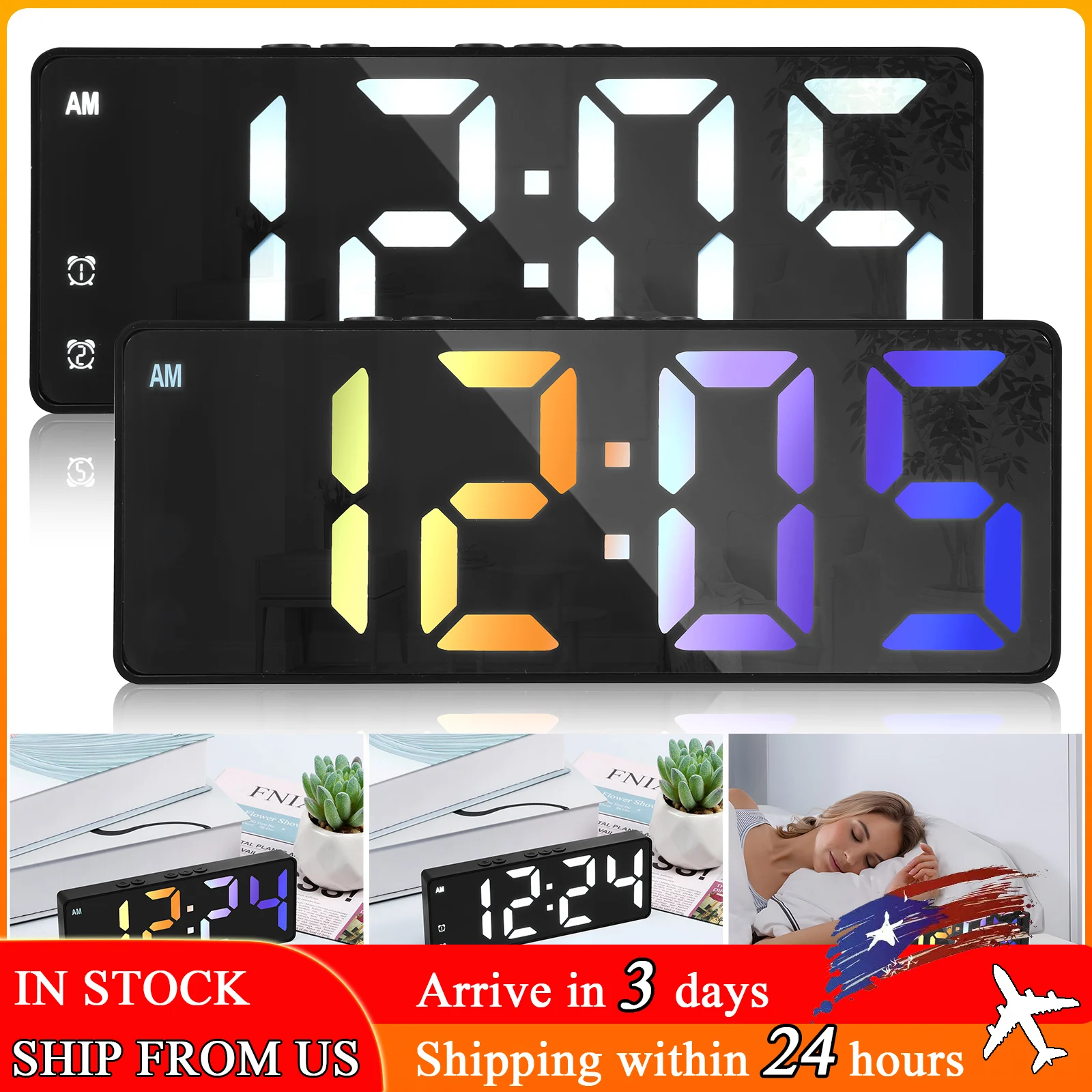 Digital Alarm Clock Colorful LED Alarm Clock Operated Desk Clock with Dual Alarms 3 Adjustable Brightness Voice Control Function