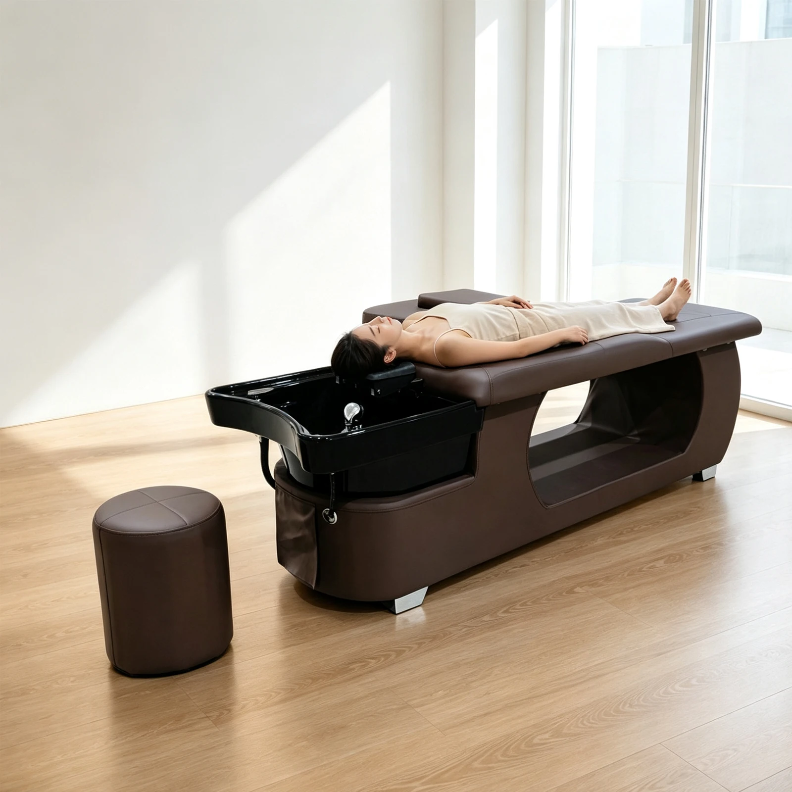 Brown Shampoo Bed Professional Multifunctional Head Spa Bed with Fumigation Water Circulation for Salon Home Spa
