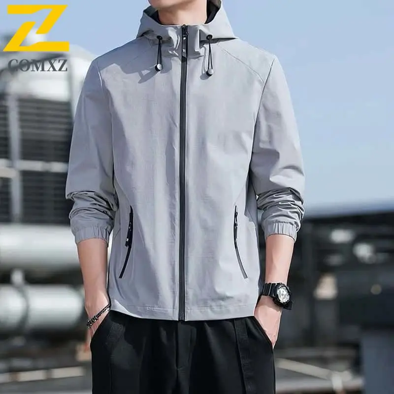 

2025 Новая мужская весенне-осенняя куртка, однотонная сумка на молнии, ветрозащитная и дышащая толстовка с капюшоном, мужская одежда для путешествий на открытом воздухе