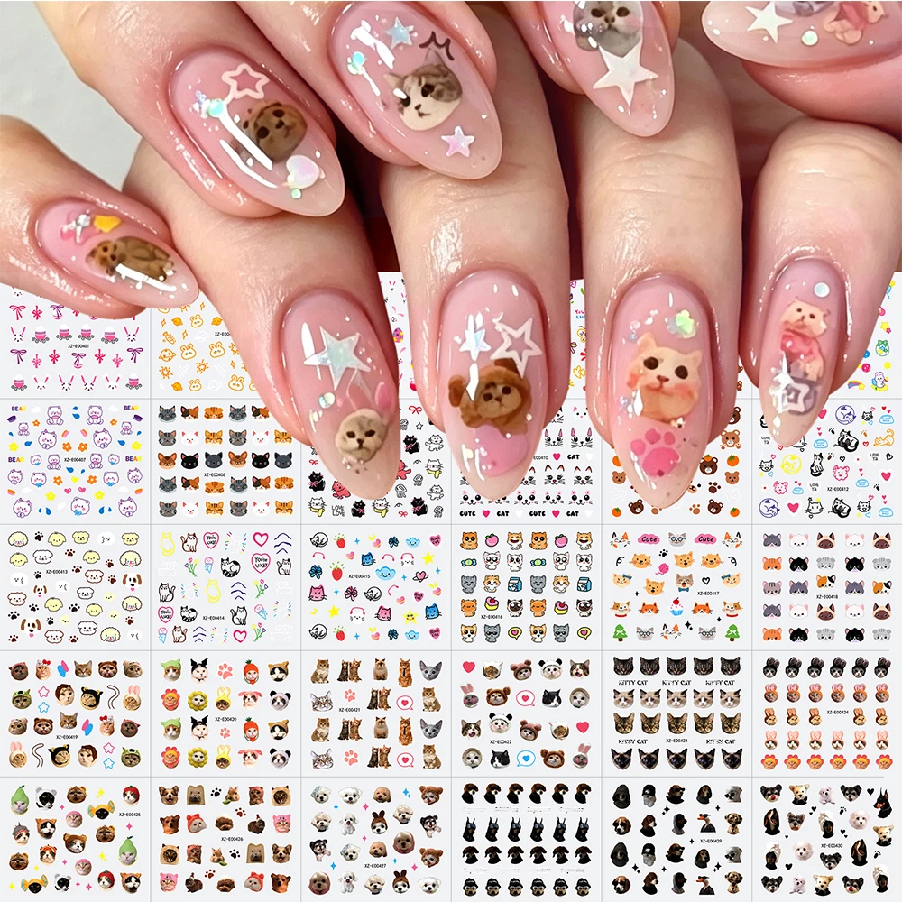 Set de 30 Pegatinas para Uñas con Diseño de Gato Ragdoll, Calcomanías de Gatos de Dibujos Animados, Cachorros y Conejos Blancos, Decoración de Uñas con Líneas Kawaii y Graffiti