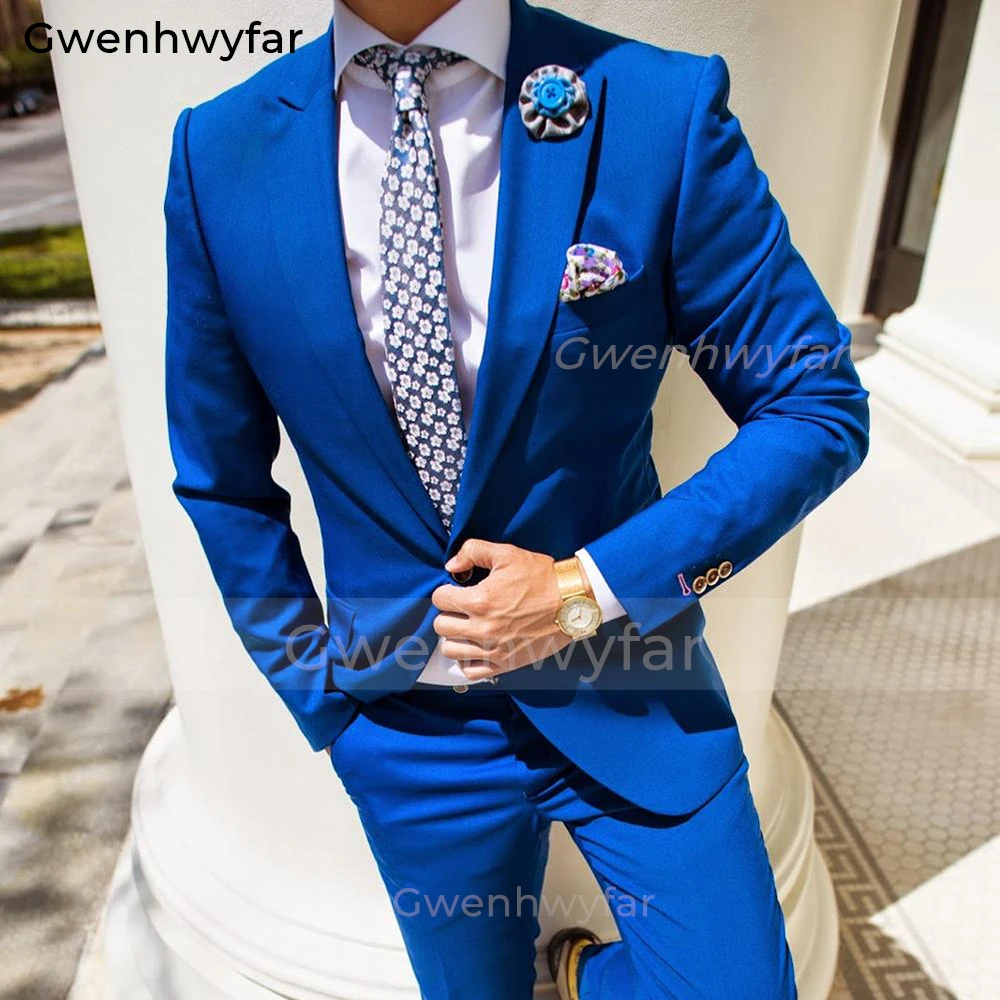 

Gwenhwyfar 2023 Blue Men's Suits Groom Tuxedos Groomsman Party Suit Set 2 Pieces (Jacket+Pant) Traje De Novio Para Costume Homme