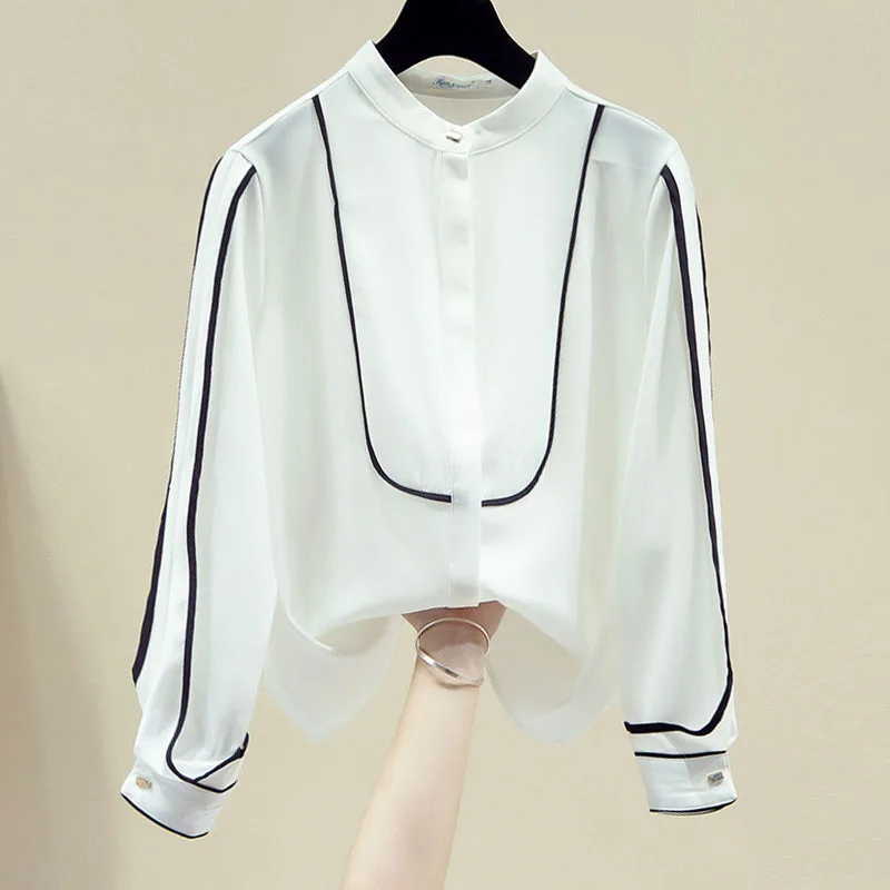 بلوزة قميص نسائية جديدة بأكمام طويلة وياقة واقفة قميص شيفون أبيض بلوزة نسائية بلوزات قمصان Blusas Para Mujer 2025 Q685