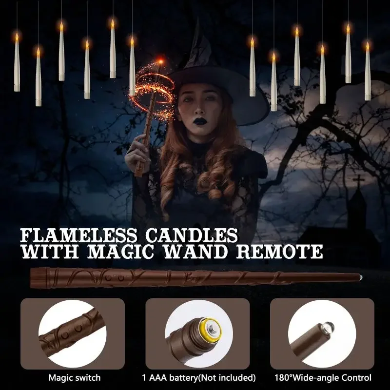 Floating Candle With Wand Remote Flickering Light Flameless Candles Magic Hanging Candles With Diy Sticker Halloween Decor