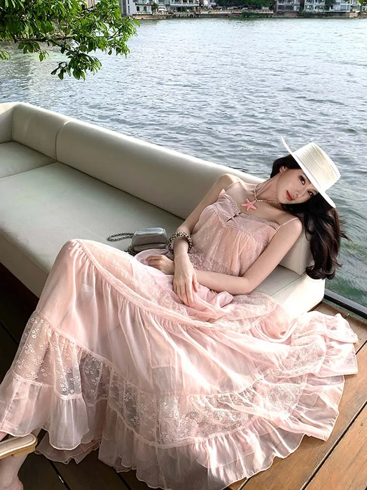 Sexy Sweet 2 piece set for women 2026 Summer Pink lace patchwork camisole V-neck crop tops and long skirt Beach Club INKEO 6D094 view 6