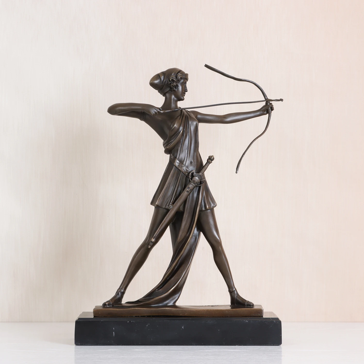 Playing Bow and Arrow Woman Bronze Statue Vintage Warrior Sculpture Brass Female Figurine Home Decor Antique Art