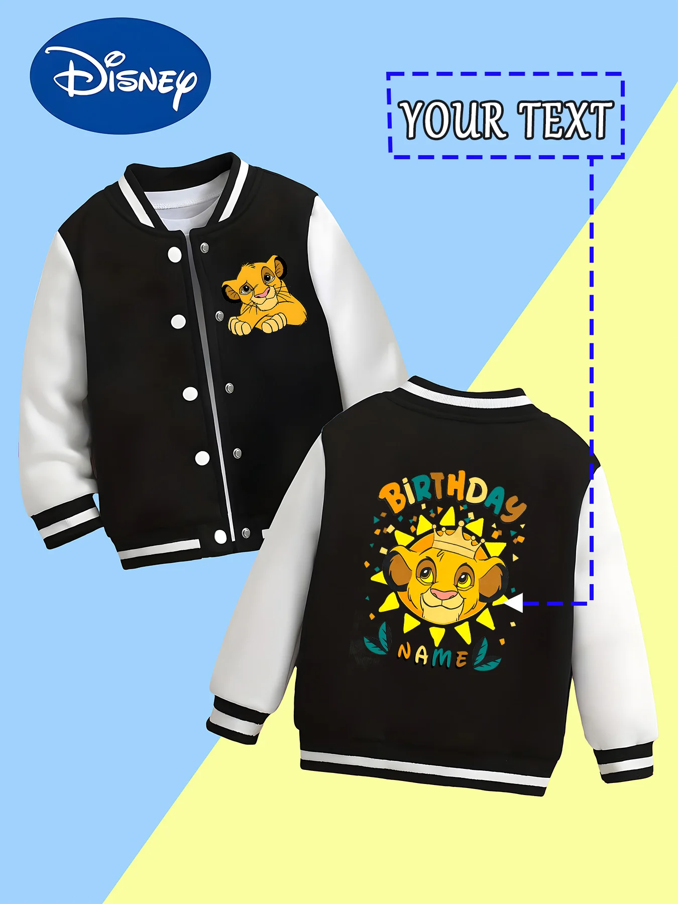 

MINISO Disney Birthday Simba Boys Baseball Jacket - Featuring a crown design for Simba's birthday, customizable with a "NAME" gr