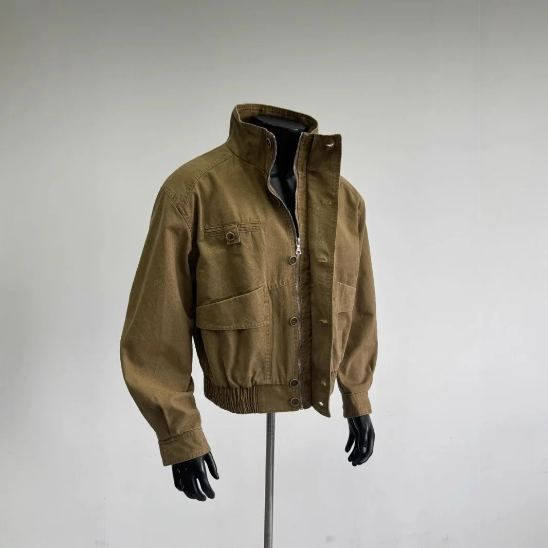 

Vintage Heavy Duty Washed Short Stand Collar Work Jacket American Distressed Patchwork Mens Coat