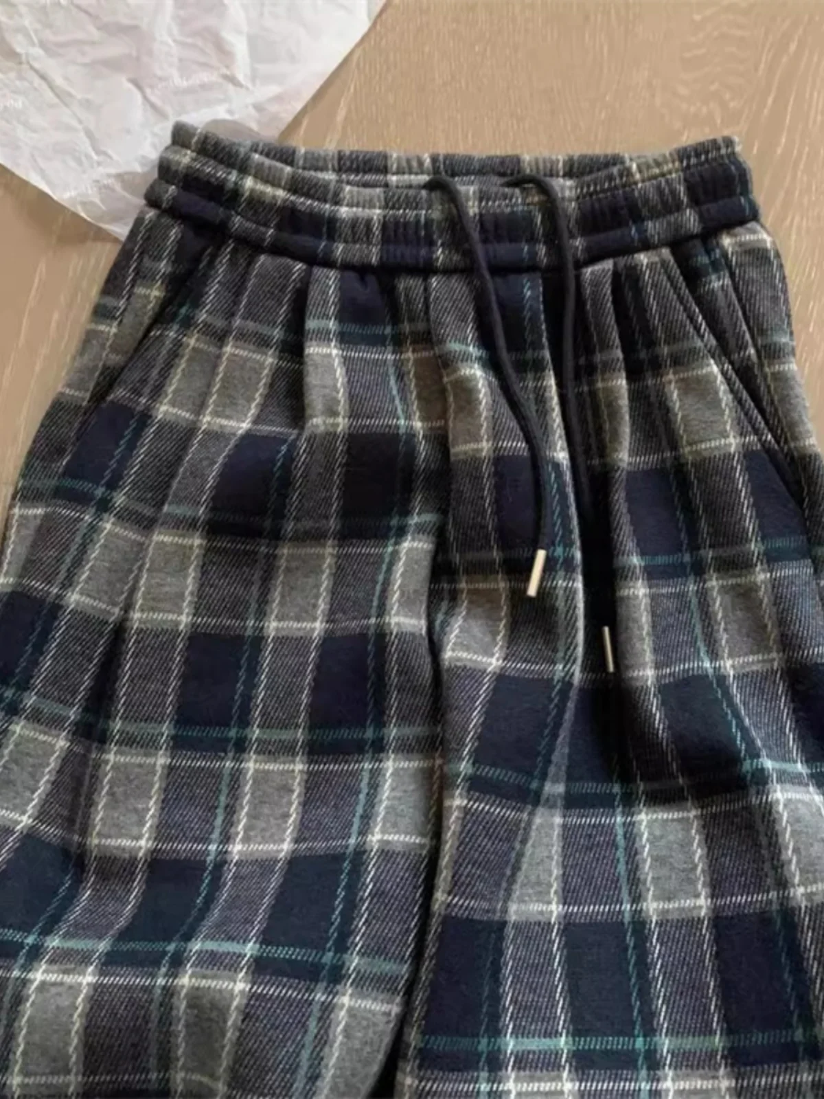 

Американские ретро-брюки в клетку на флисовой подкладке для женщин, зимние свободные брюки с эффектом похудения, длинные брюки с высокой талией, повседневные брюки с высокой талией