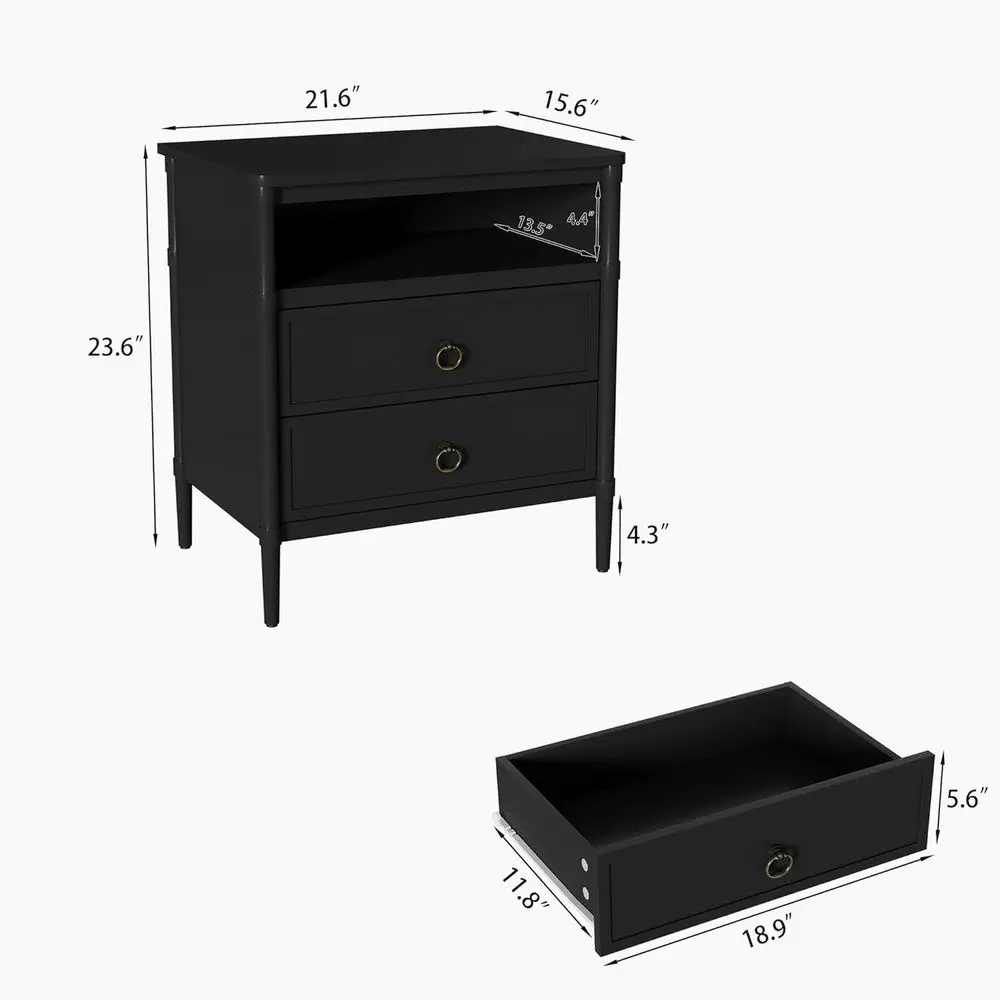 Modern 2-Drawer Nightstand with Open Shelf and Twisted Ring Pull Handles for Bedroom