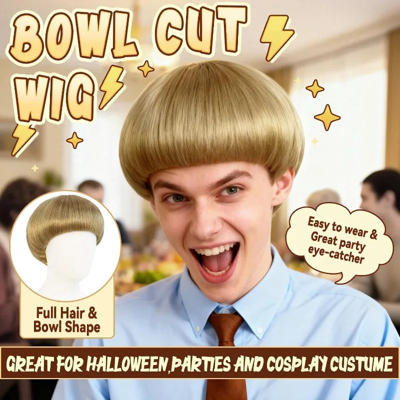 Short Blonde Bowl Cut Wig Blonde Mushroom Wigs Mens Bob Wig for Men Outfit 60s 70s Blond Bob Hair With Bangs Halloween Party view 2
