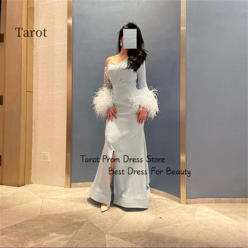 

Tarot Classic One Shoulder Saudi Prom Dresses Mermaid Feather Formal Evening Dress Long Sleeves Floor Length فساتين سهرة