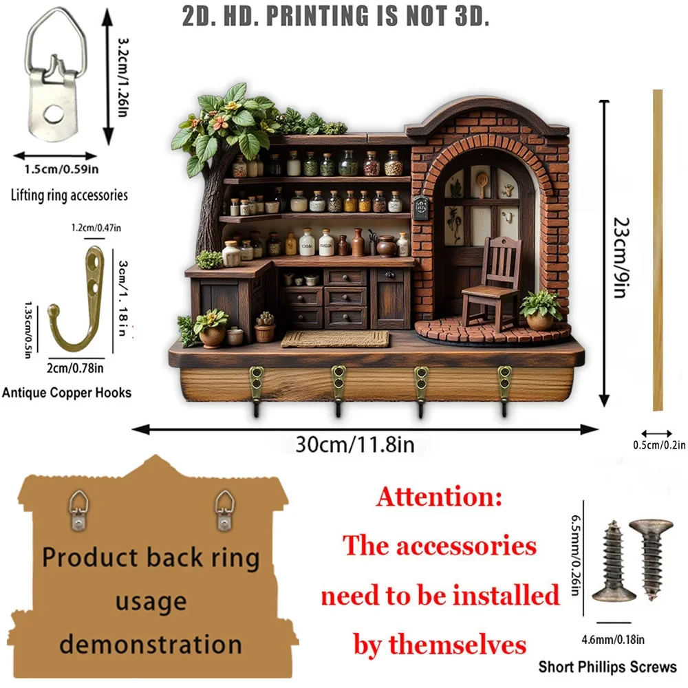 2D Flat, 1pc, Vintage Wooden Key Hook, Multifunctional Wooden Home Key Hook with Four Metal Hooks, Wall Decoration, Porch