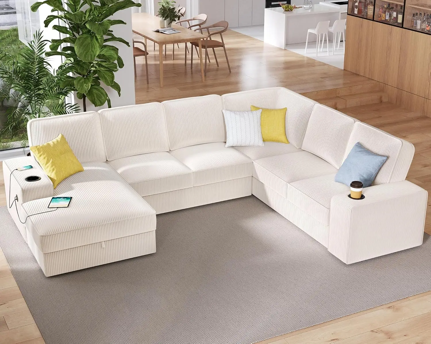 U Shaped Sectional Sofa with Storage Chaise Cup Holders 2 USB Ports 112 Inch Beige Corduroy, Customized