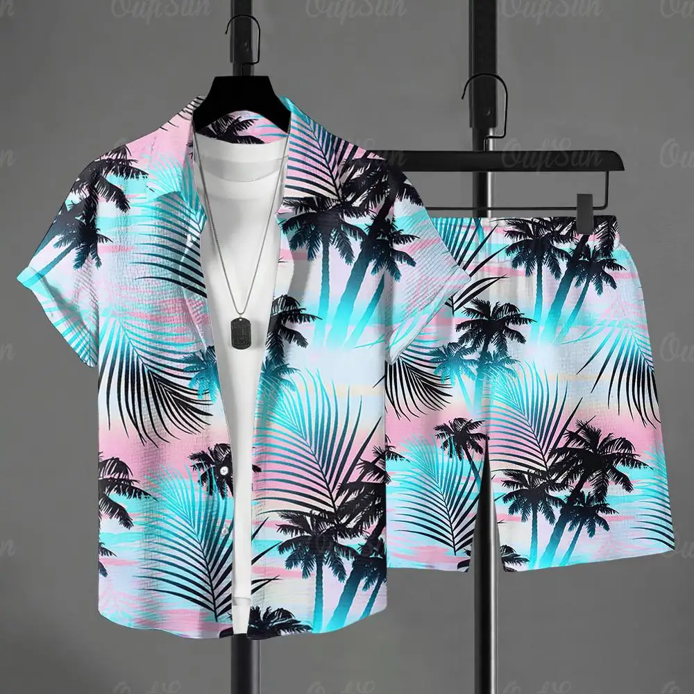 

Hawaiian suit, 3D Plant Print men's Shirt set, short-sleeved shirt, Casual large-sized Beach shorts, Streetwear