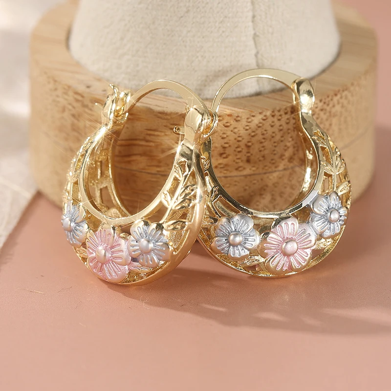 Vintage Flower Carved Golden Leaf Hoop Earrings, Elegant And