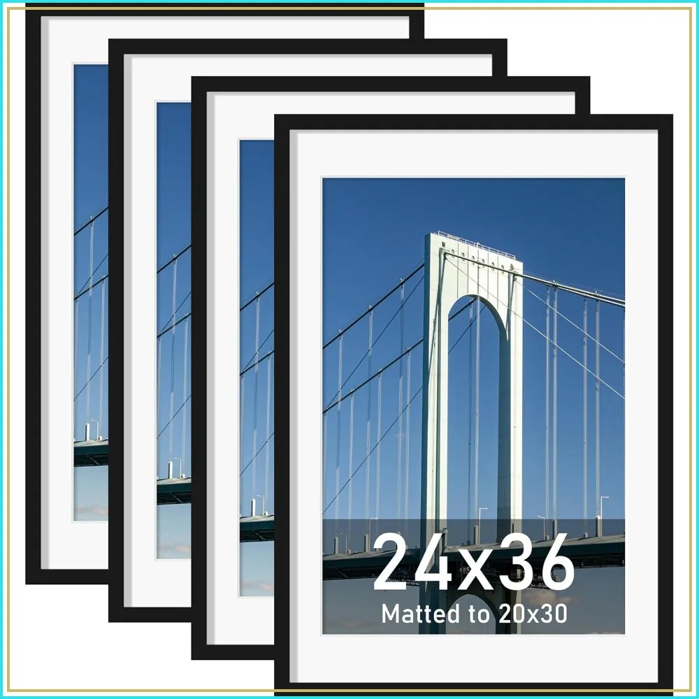 

24x36 Poster Frame Set of 4, Display 20x30 with Mat or 24x36 Without Mat, Horizontal or Vertical Wall Display, Black