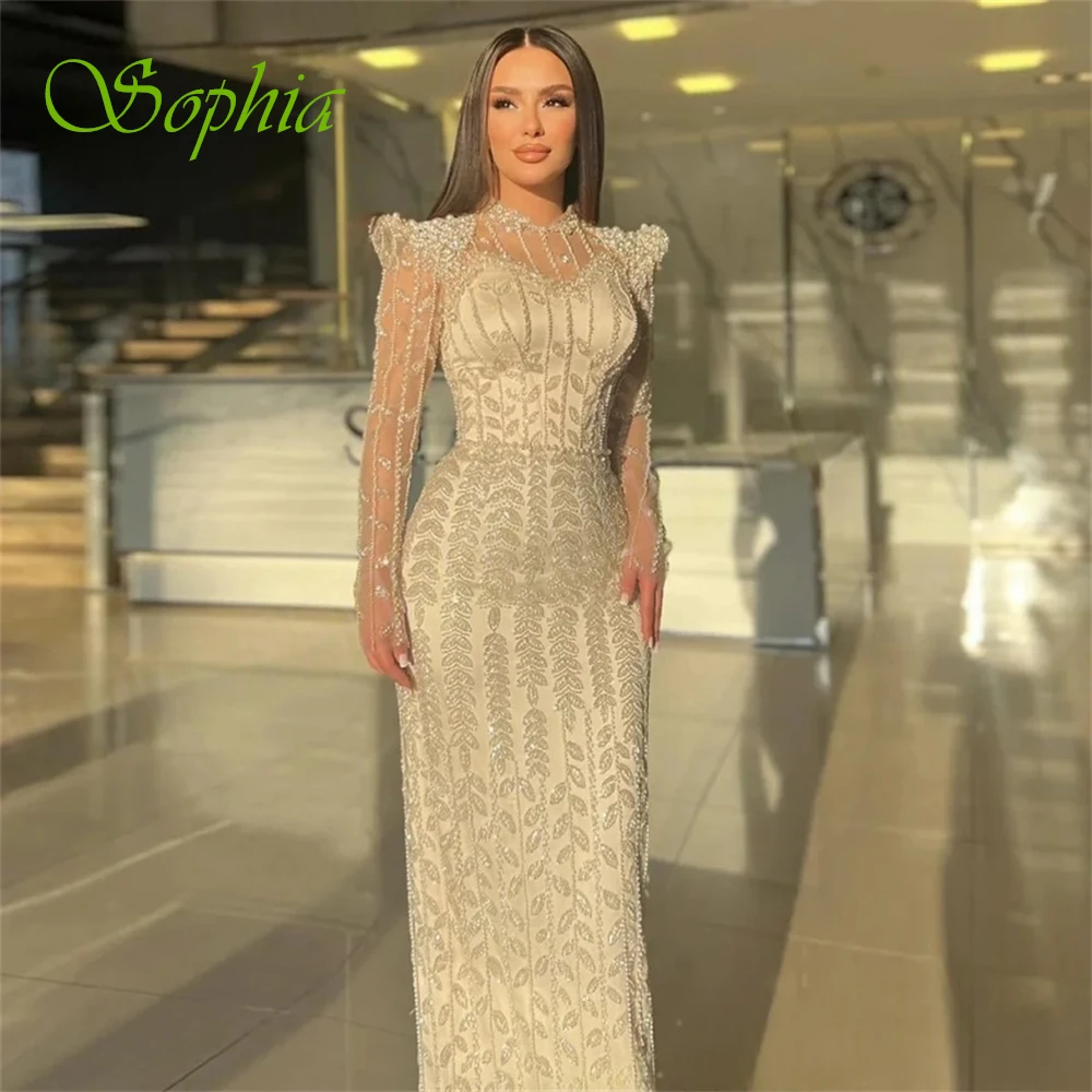 

Customized Elegant Ivory Satin Evening Dress Formal O-Neck Long Sleeves Celebrity Gowns Delicate Pearls Crystal Cocktail Dresses