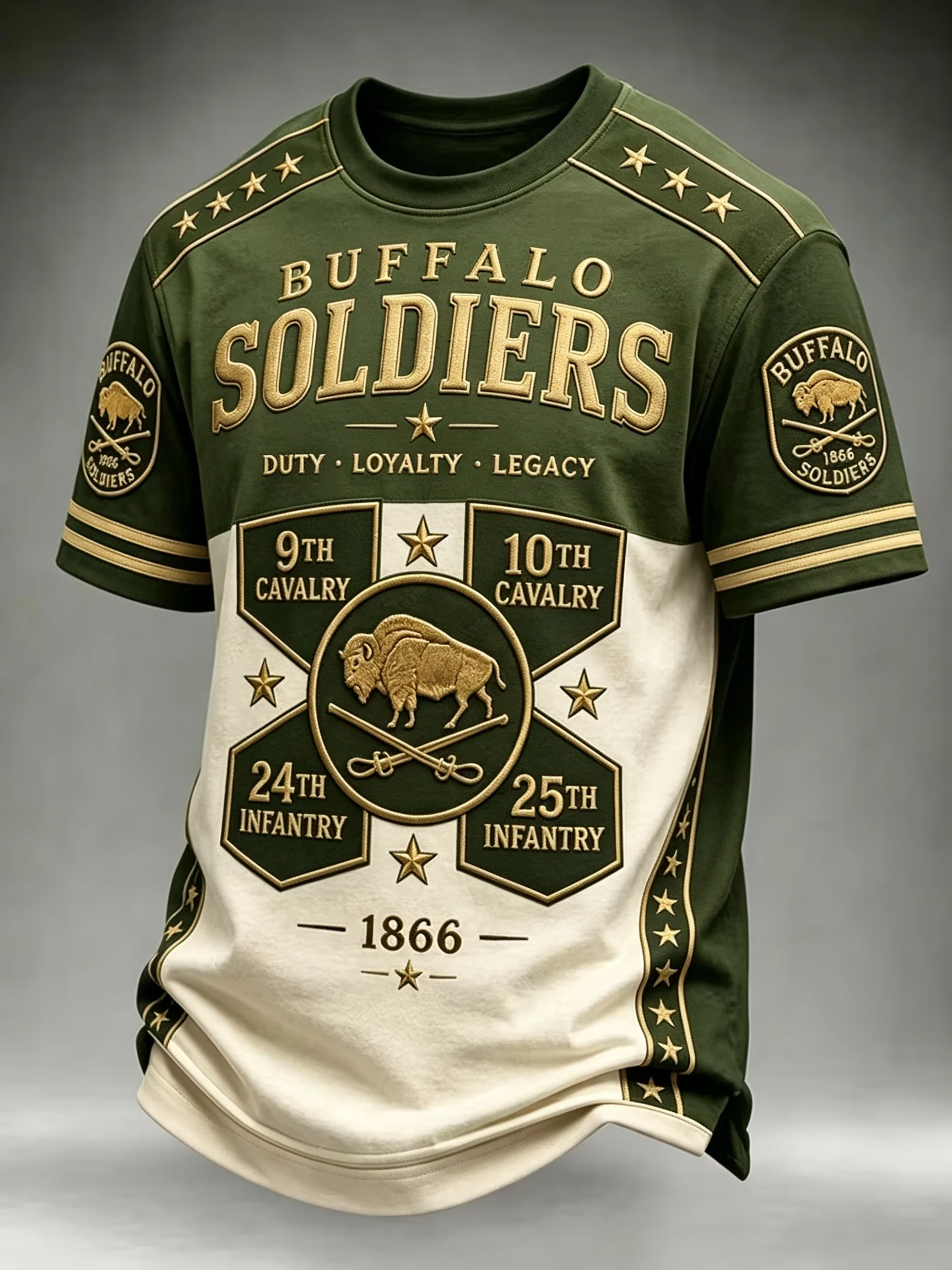 Men's Buffalo Soldiers 9, 10, 24, 25 Regiment Graphic Short-Sleeve T-shirt, Retro Color Block Star Striped Ring 1866 Duty Loyalt