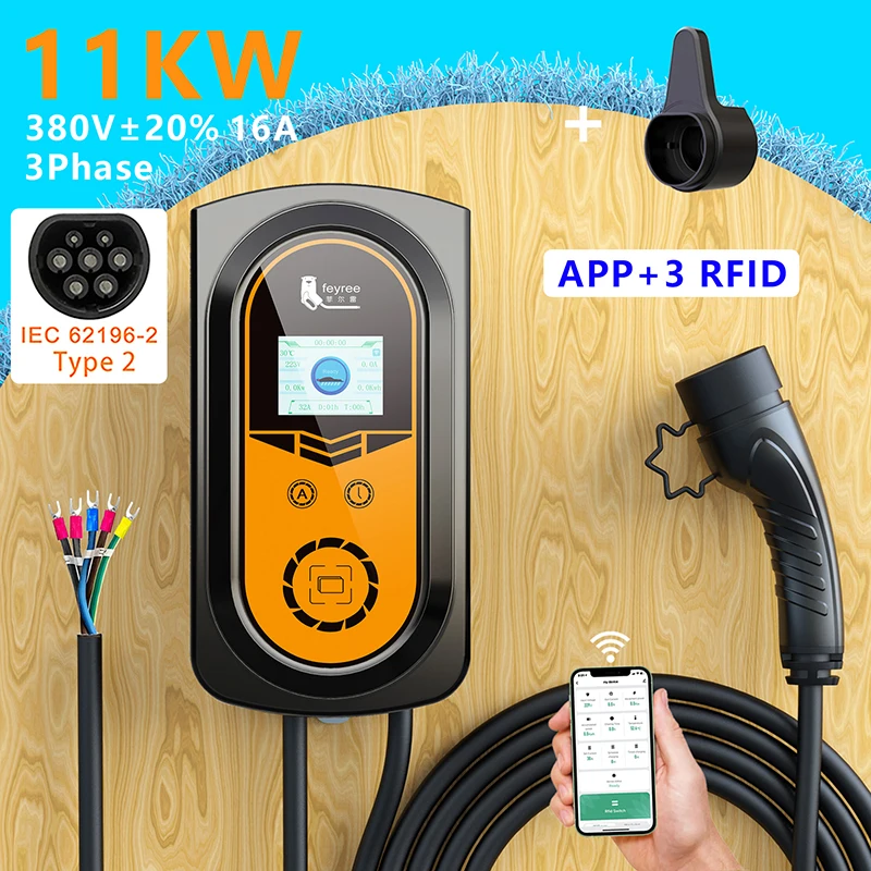 feyree EV Charger Wallmounted Charging Station APP EVSE Wallbox 11kw 3Phase 16A Type2 Cable Socket IEC62196-2 for Electric Car