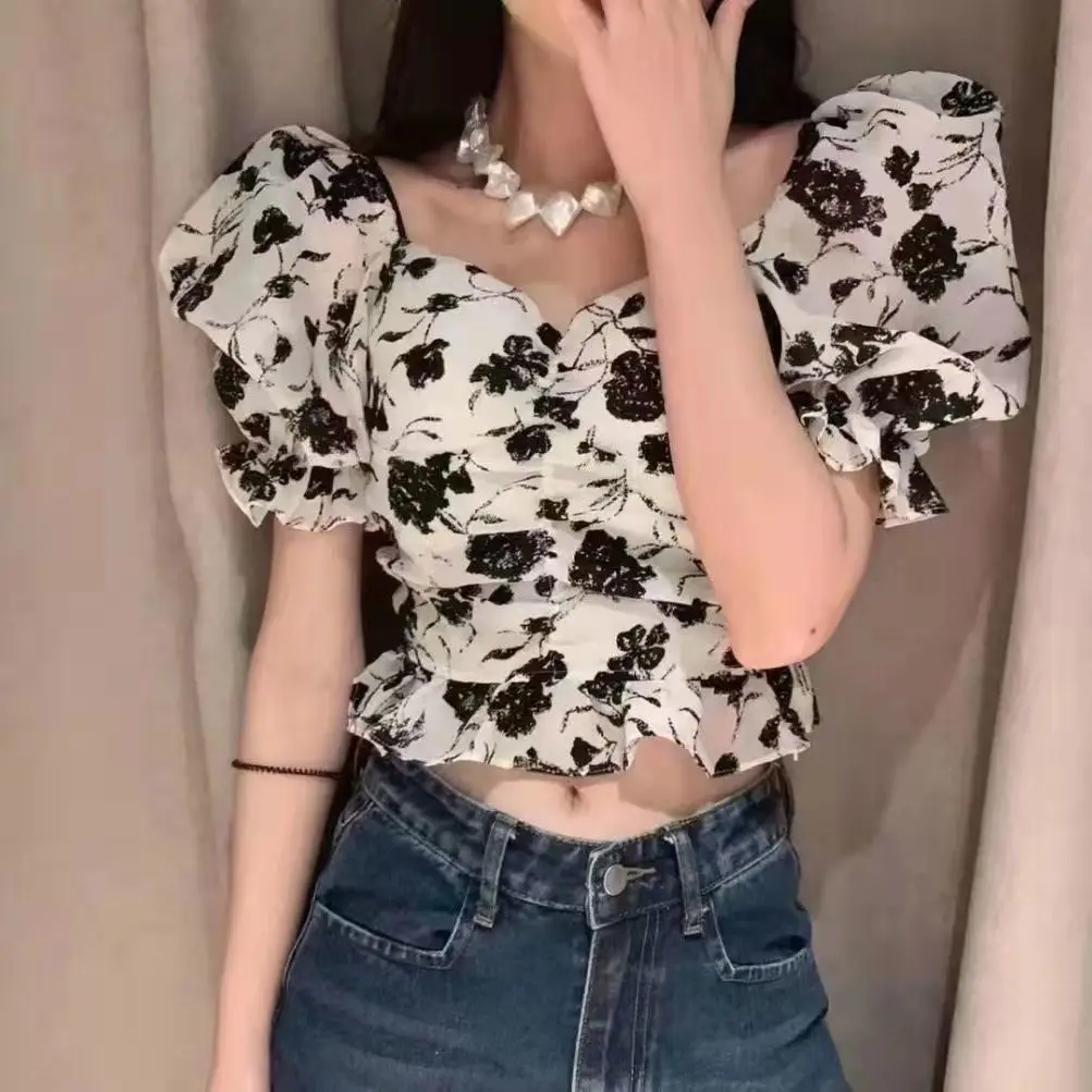 

Floral Blouses Women Puff Sleeve Elegant Vintage Ruffles Design Female Hotsweet Slim Summer New Korean Style Aesthetic Gentle