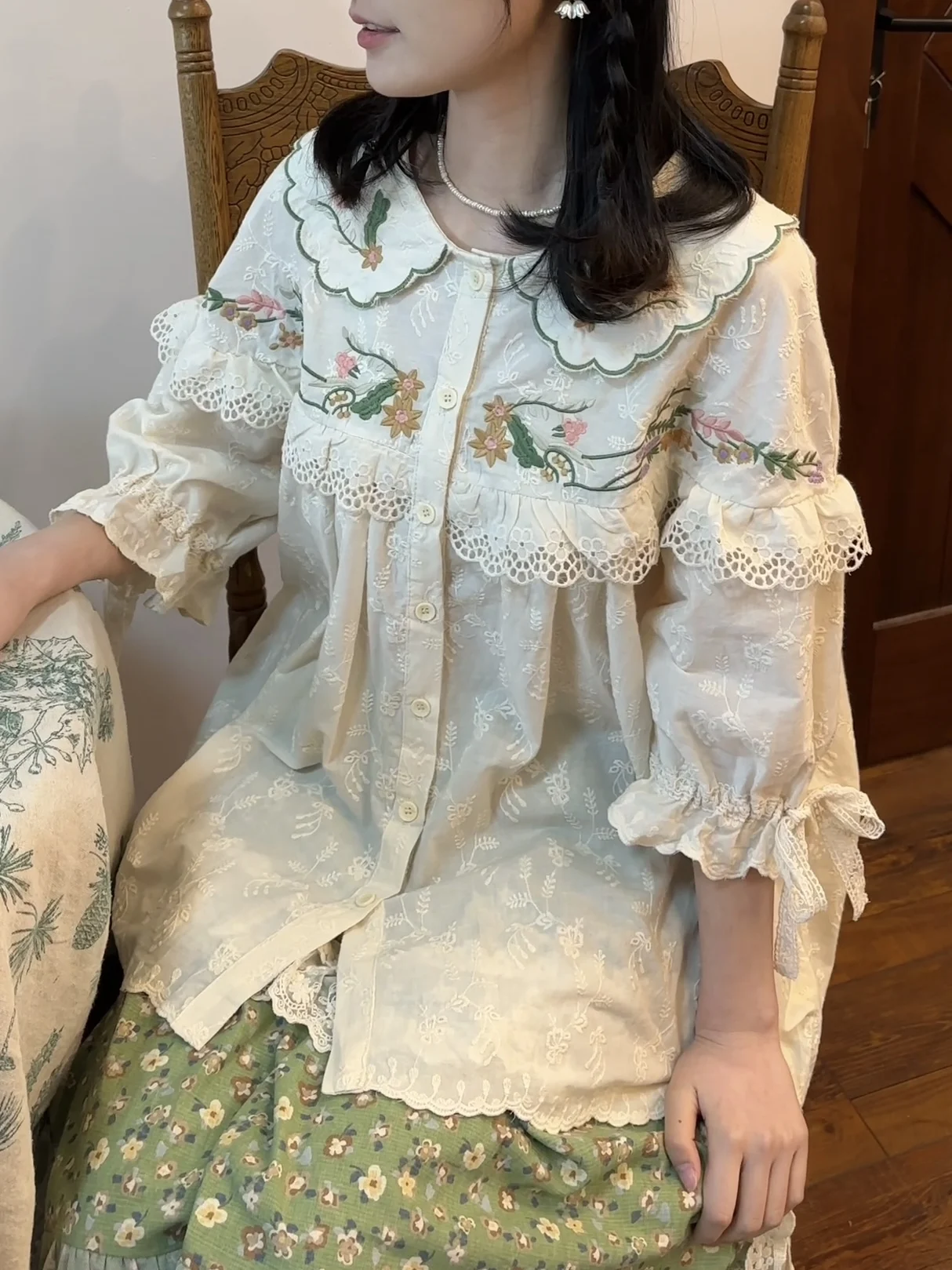 

Новая летняя хлопковая блузка в японском стиле с вышивкой, цветочным узором, свободного кроя, с кружевной отделкой, для девочек