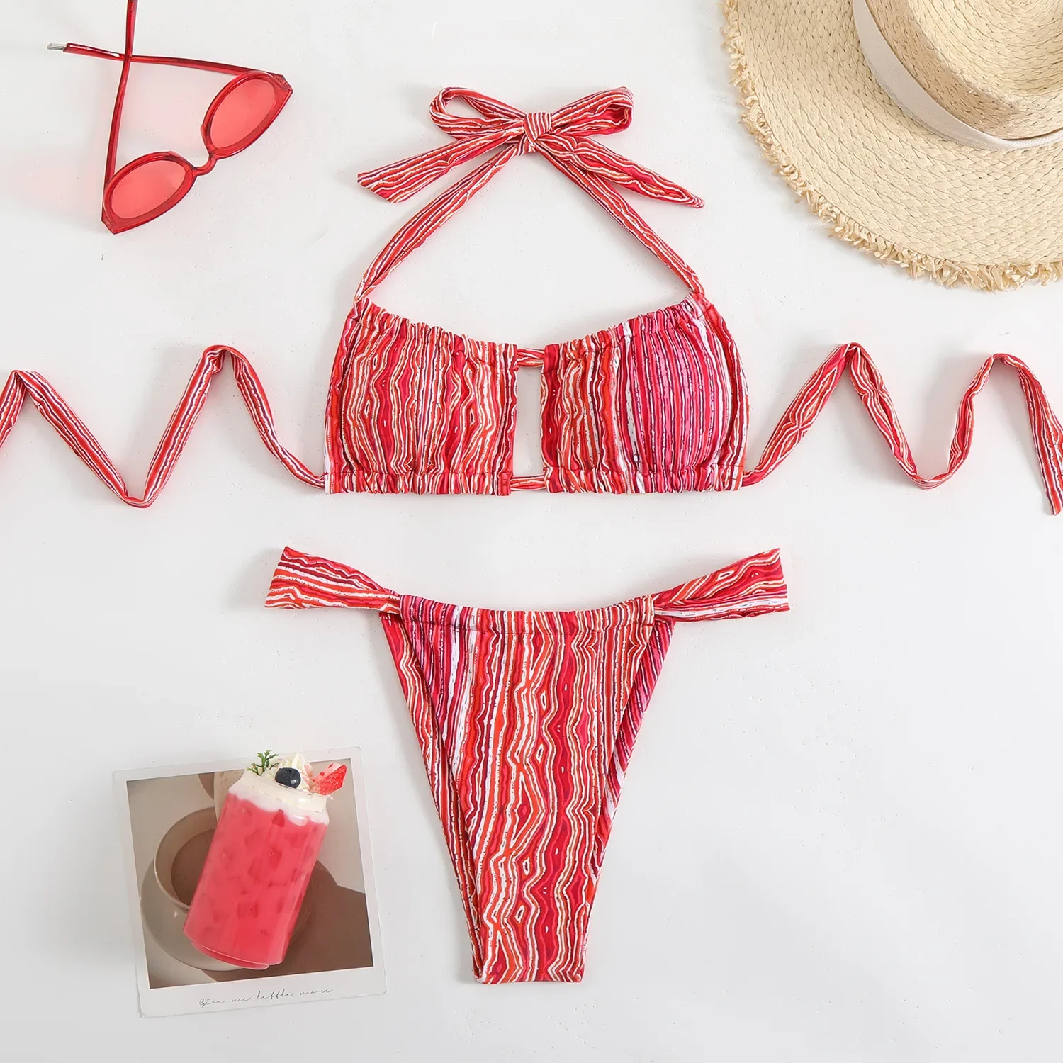 Sexy Bandeau Push Up Bikini Beach Swimwear Women Ruched String Swimsuit Printed Thong Bathing Suit Biquini Maillot De Bain Femme