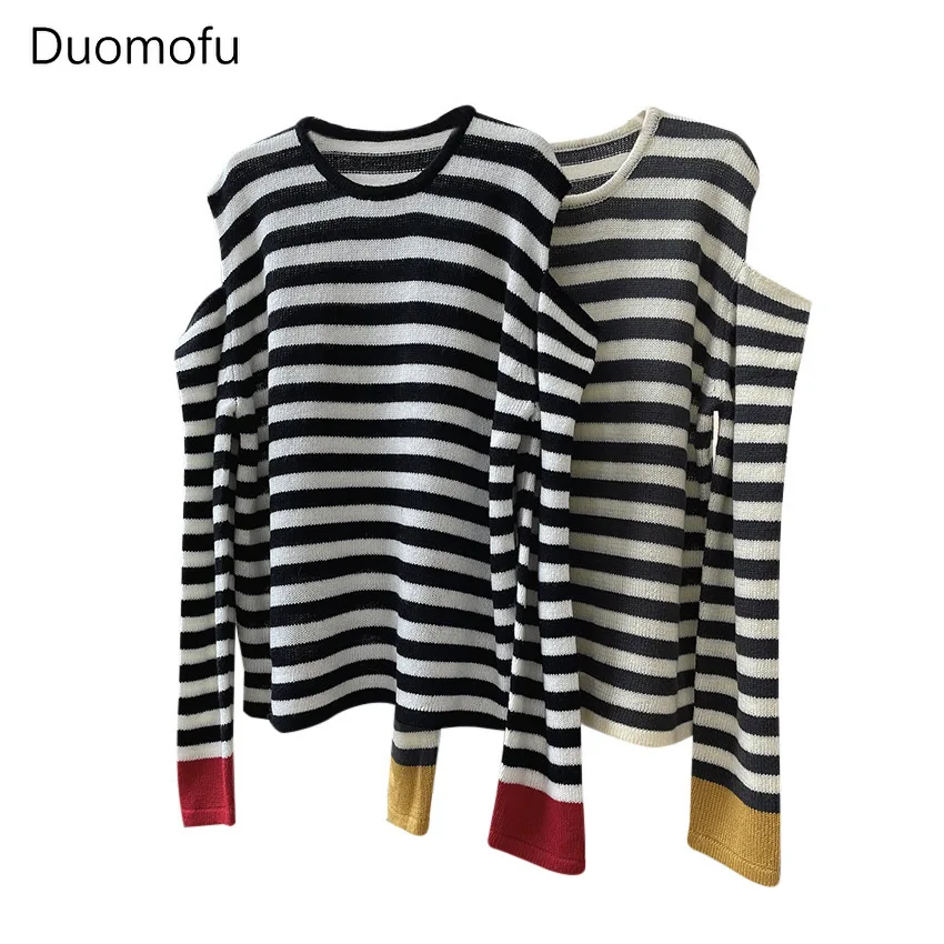 Duomofu Korean Classic Striped Basic Spell Color Female Pullovers Simple Hollow Out Casual Fashion Knit Sweater Women Pullovers