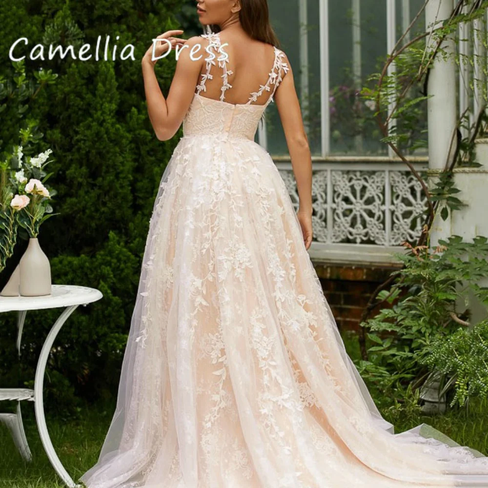 Camellia Pretty Party Dresses Elegant A Line V Neck Appliques Evening Gowns Spaghetti Straps New Arrival Tulle Prom Dress