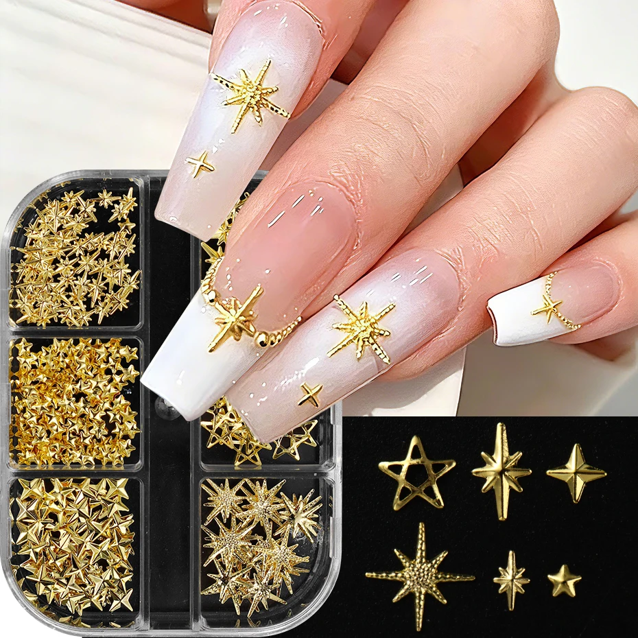 6er-Set Goldene Stern-Nagelcharms, Kreuz-Stern-Nagelnieten aus Metall, Hohlstern-Dekorationen für 3D-Nagelkunst, Maniküre-Zubehör