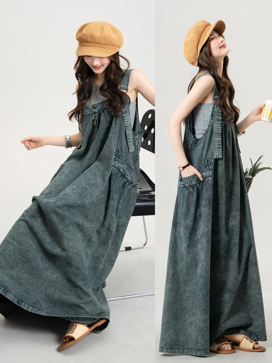 

Artistic Washed Blue Denim Halter Dress Women's Summer Loose Slimming A-Line Skirt Back Button Closure Casual Cotton Blend