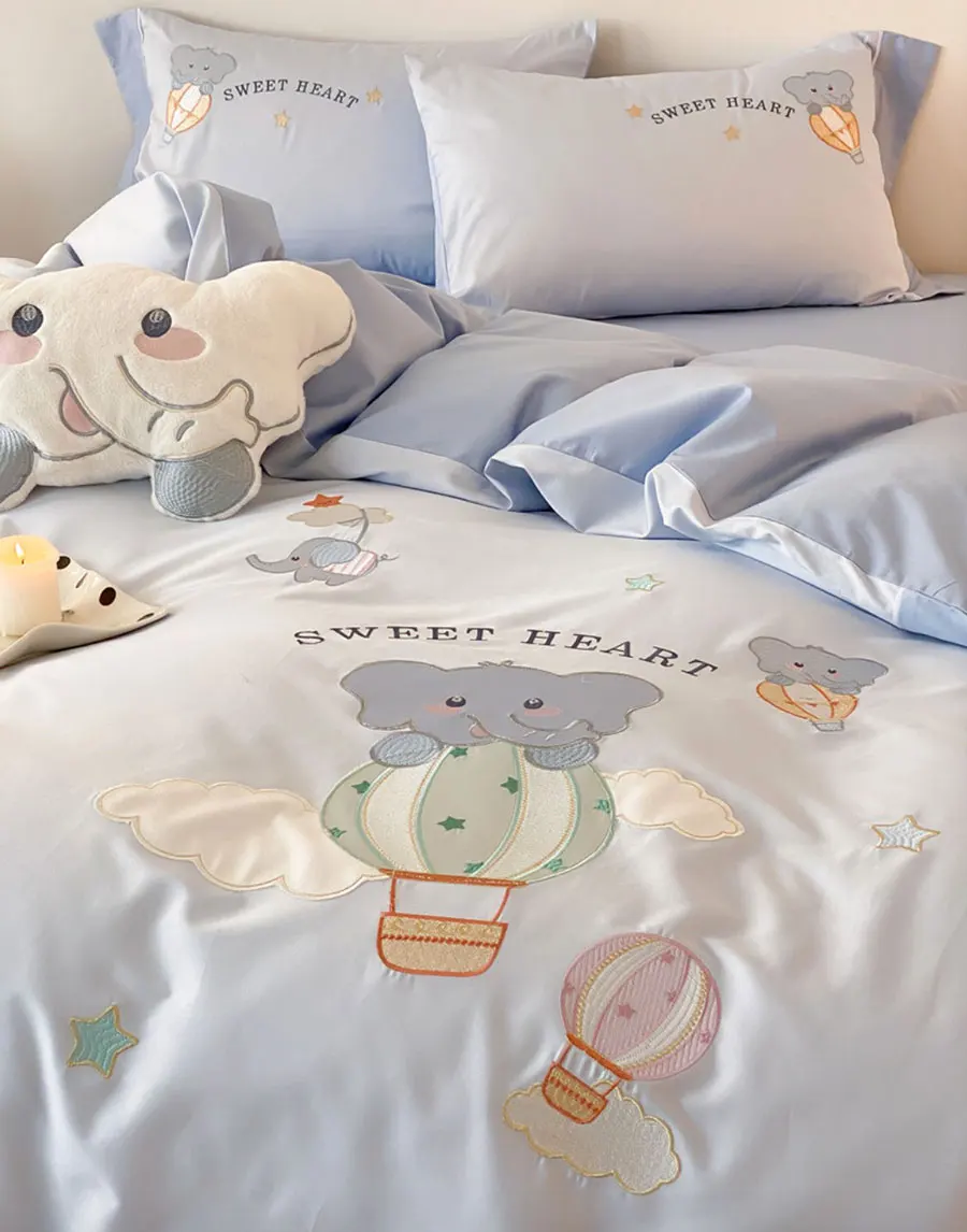 Fashion cute embroidery blue elephant balloon bedding set,full queen king cotton home textile bed sheet pillow case duvet cover