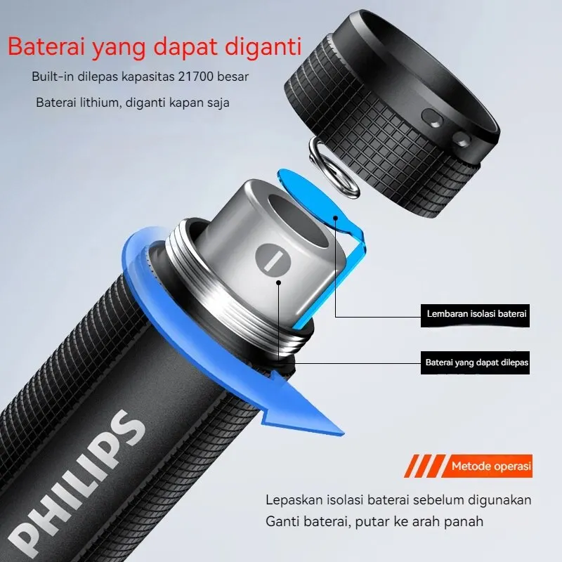 Philips Optical Zoom Flashlight Portable Flashlight With 4 Lighting Modes USB C Rechargeable For Self Defense Camping