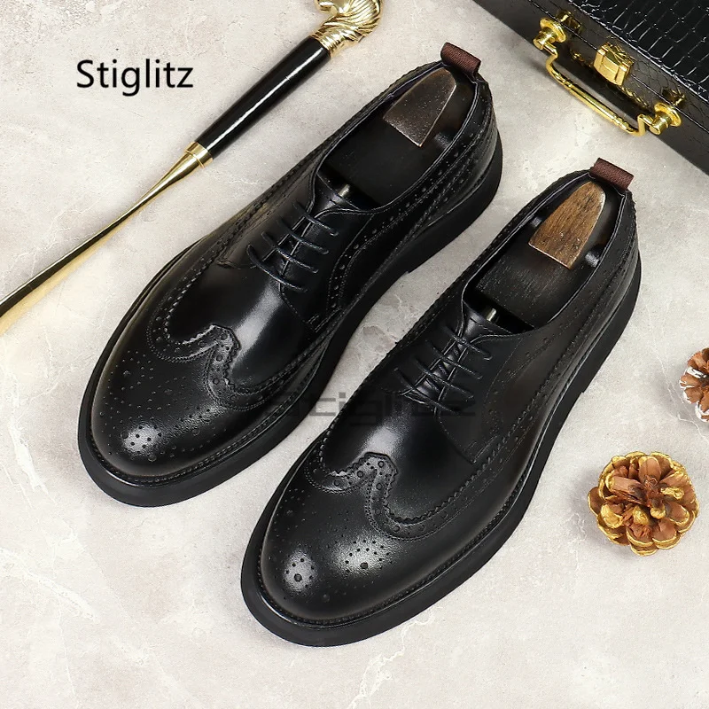 

British Style Brogue Leather Shoes Men's Lace-Up Breathable Business Shoes High Quality Thick Sole Dress Wedding Male Shoes