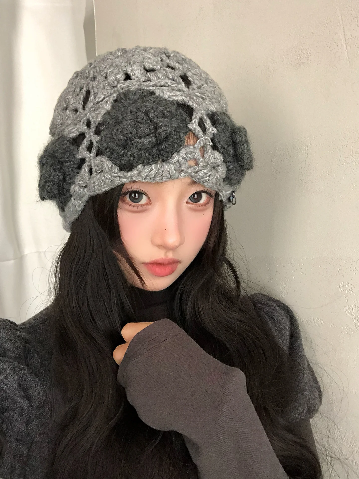 Hand Knitted Flower Hollow out Headband Hat Women's Style 2026 New Sweet Versatile Face Slimming Knitted Woolen Cap