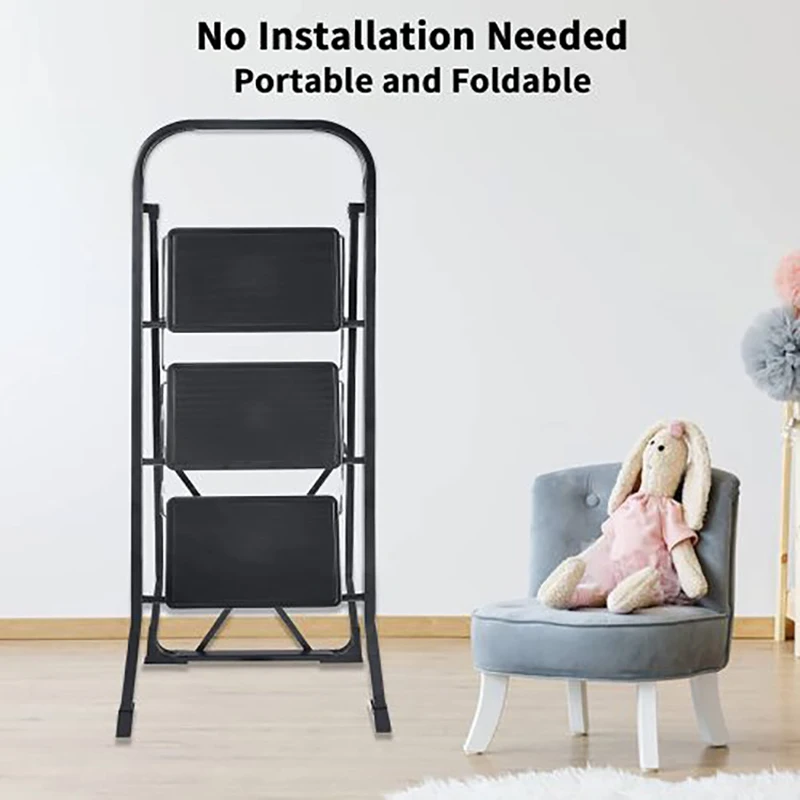 GERICCO Ladder 3 Step Sturdy Black Steel Ladder Portable Folding Step Ladder with Wide Anti-Slip Pedal for Kitchen Home Outdoor