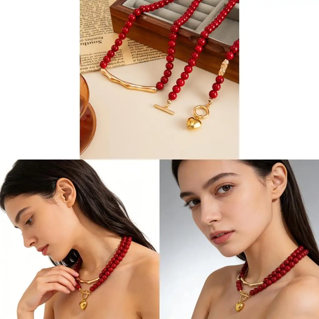 195C Pack of 2 Women's Fashion Necklace Red Beads Love Symbol Daily Wear Accessory