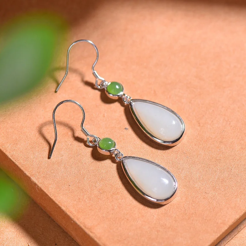 

S925 Silver Hetian Drop Earrings Gold Jasper Jade Warm Eardrops