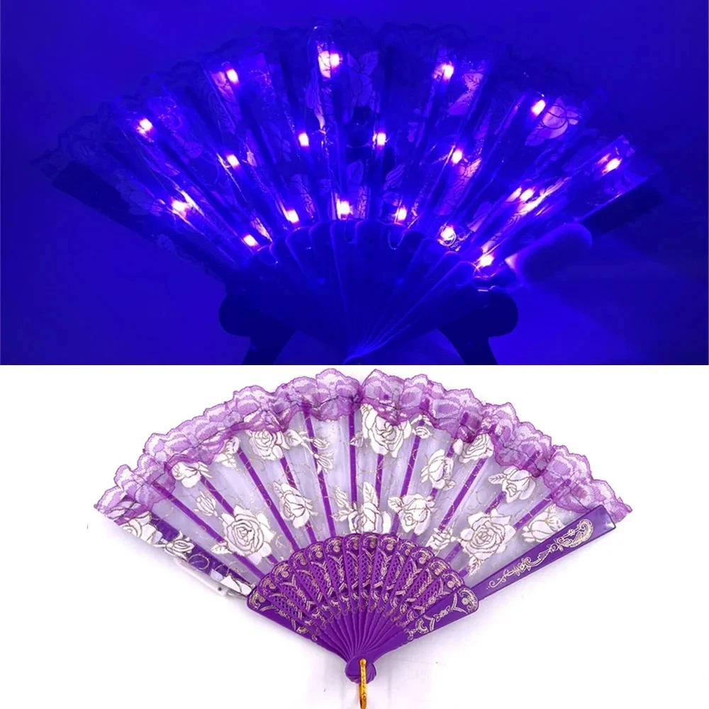 1PC LED Glowing Fan Lace Folding Plastic Fan Dance Wedding Hand Fans Birthday Party Gift Holiday Decor Light Up Party Props