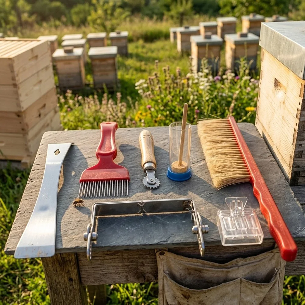 For Beekeeping Tool Kit 7 pcs for Hive Operations Includes Hive Tool Bee Brush Uncapping Fork Frame Grip Hive Frame Holder Wire