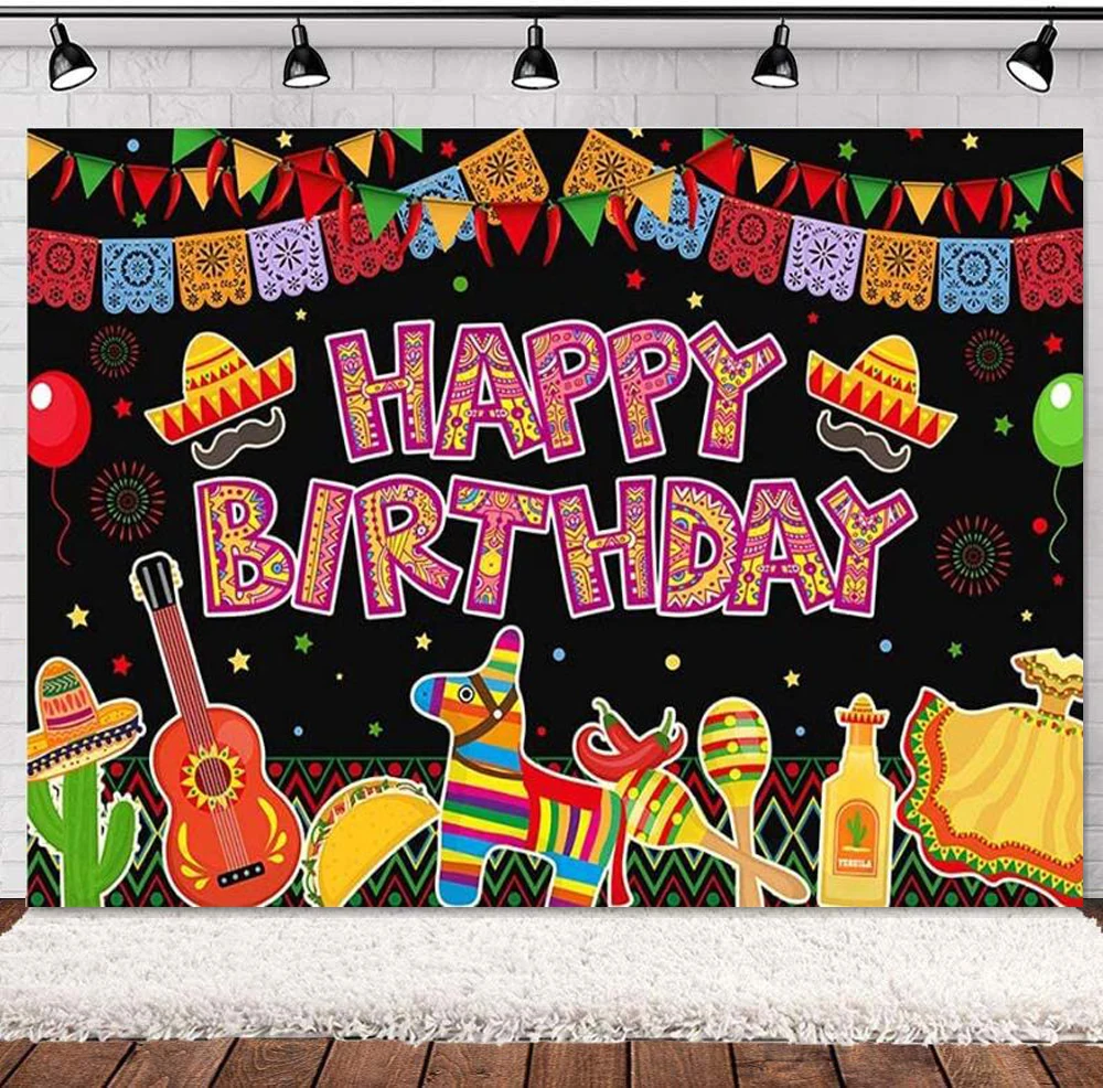 

Happy Birthday Photography Backdrop For Mexican Fiesta Party Decor Cinco De Mayo Taco Festival Party Supplies Banner Background