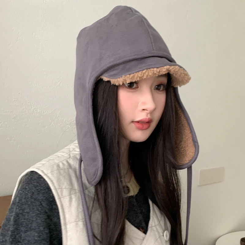 ‌ Gorro de piel de ante coreano para mujer, gorro con orejeras para mantener el calor en invierno, resistente al viento para ciclismo/esquí, gorros gruesos para exteriores