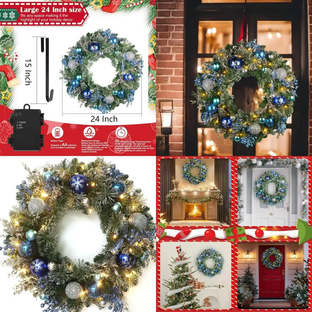 

24 искусственных рождественских венера с синими акцентами, серебряными ягодами и снежинками для входной двери — праздничный декор для дома и улицы (дюйм)