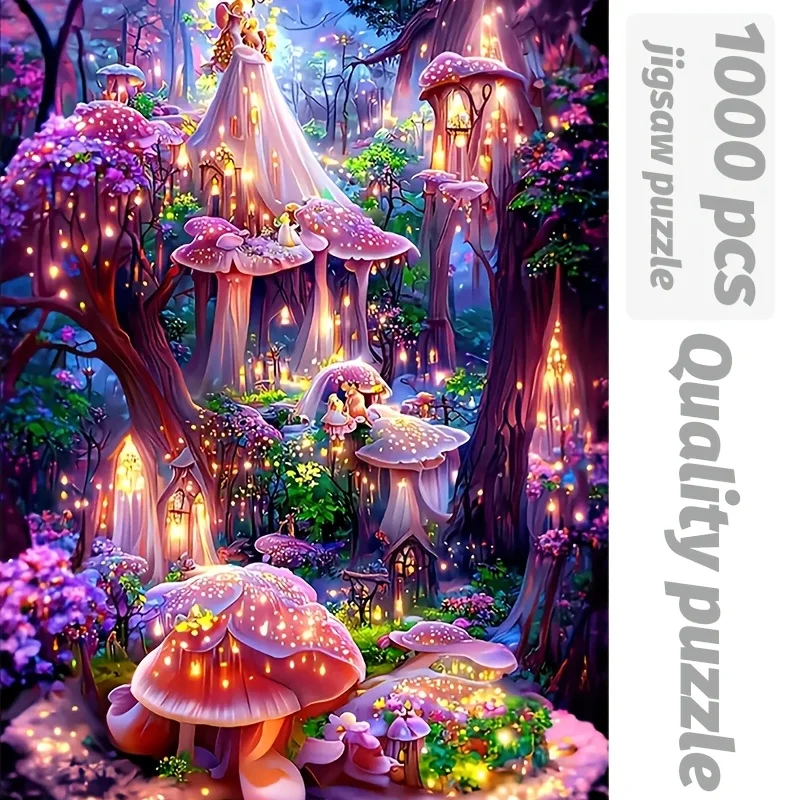 1000pcs Enchanted Forest Jigsaw Puzzle for Adults - Magical Mushroom & Lantern Scene with Glowing Lanterns, Durable Portable D