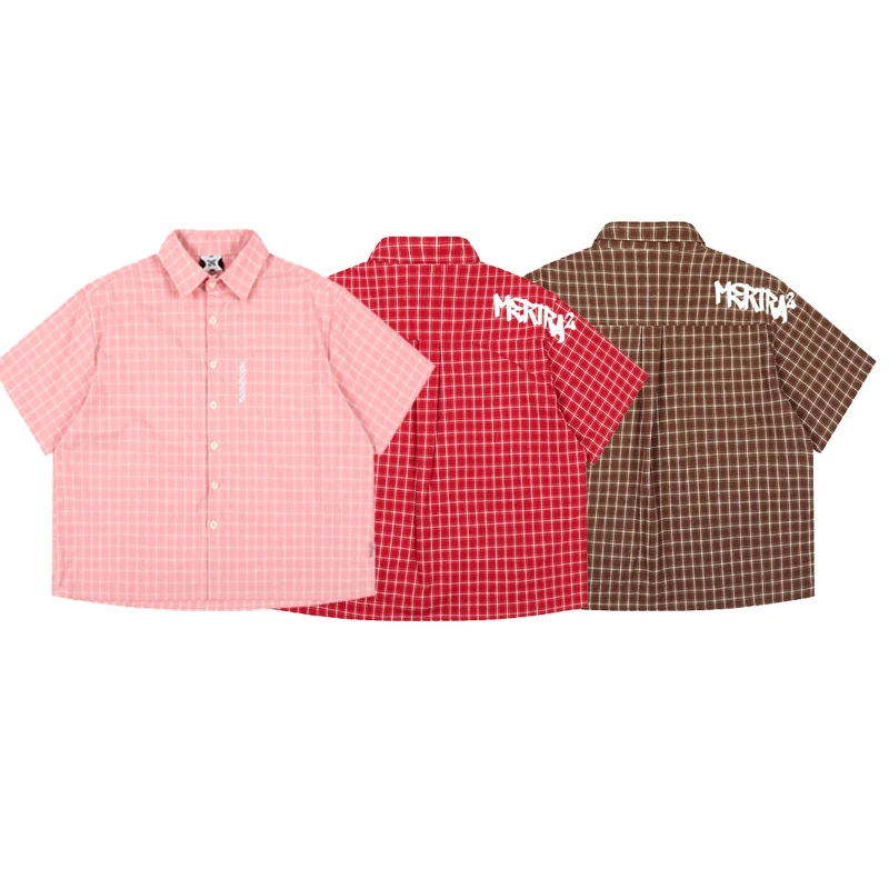 

Checked Shirt Street Color Mertra Short-sleeved Shirts High Street Letter Printed Tops Men Women Couples MERTRA T-shirts